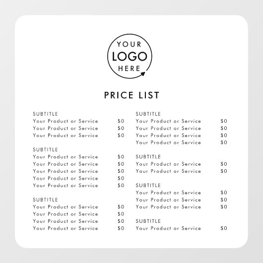 Prijslijst | Zakelijk logo modern minimalistisch w Raamsticker (Vel)