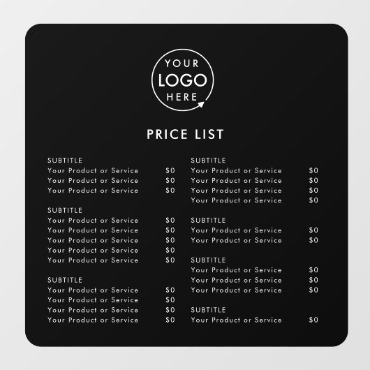 Prijslijst | Zakelijk logo zwart modern minimalist Raamsticker (Vel)