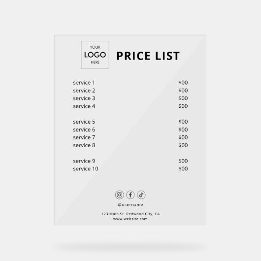 Prijslijst Zakelijke Logo Acryl Acryl Bord (Voorkant)