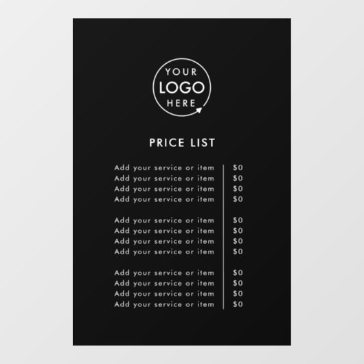 Prijslijst | Zwart Logo Zakelijk Professioneel Raamsticker (Vel)