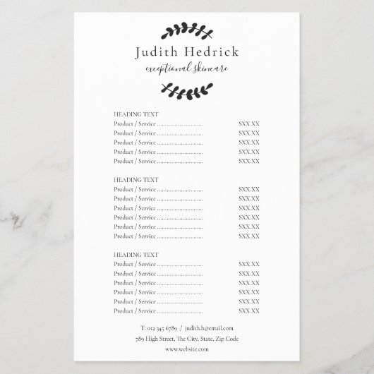 Prijslijst zwart-wit laurier service menu (Voorkant)