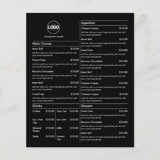 Prijslijst | Zwart zakenmenu Modern restaurant Flyer (Voorkant)