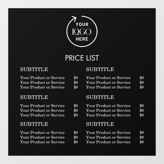 Prijslijst | Zwarte zakelijke Logo Modern minimali Raamsticker (Vel)