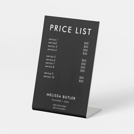 Prijslijstservice Minimalistisch zwart voetteken Reclamebord Met Voetstuk (Voorkant)