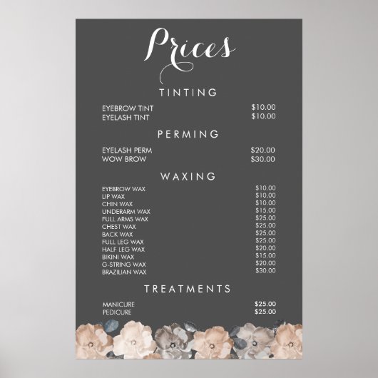 Prijsmenu haar schoonheidssalon kapper poster (Voorkant)