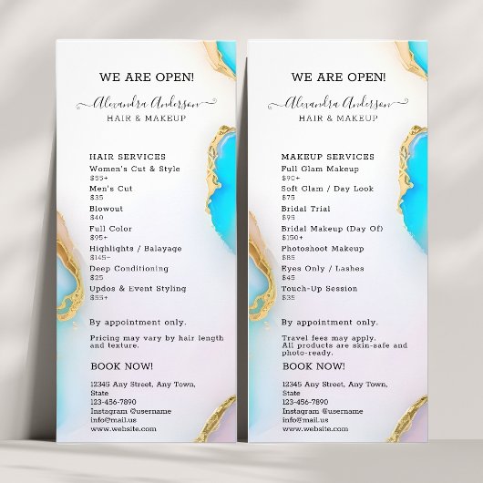 Prijstabel Luxe Holografisch Agaat Goud Opal Reclamekaart