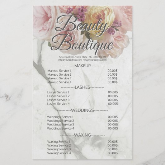 Prijzenlijst Beauty Boutique Marmeren Bloem Flyer (Voorkant)