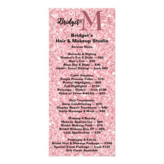 Prijzenlijst Beauty salon Blush Glitter monogram Reclamekaart (Voorkant)