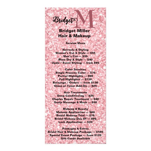 Prijzenlijst Beauty salon Blush Glitter monogram Reclamekaart (Voorkant)