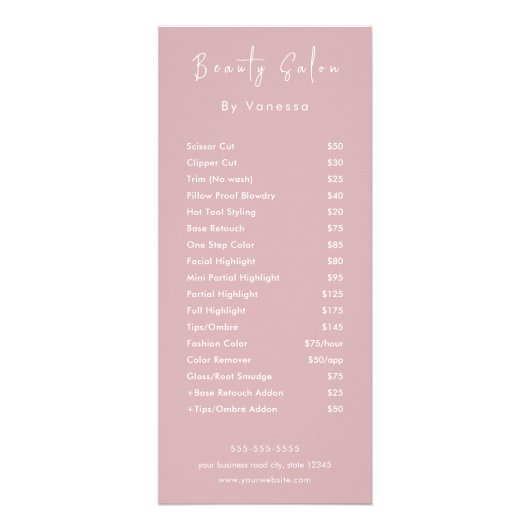 Prijzenlijst diensten professionele schoonheidssal reclamekaart (Voorkant)
