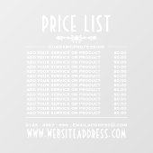 Prijzenlijst en informatie decoratieve bedrijven raamsticker (Vel)