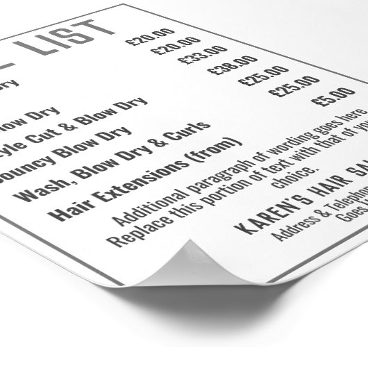 Prijzenlijst Kapsalon Kapper Poster (Hoek)