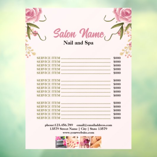 Prijzenlijst menu van nagelsalon Pink Floral Beaut Raamsticker (Vel 3)