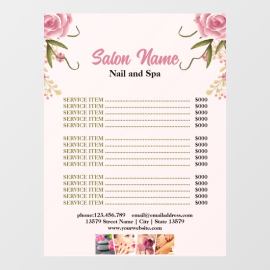 Prijzenlijst menu van nagelsalon Pink Floral Beaut Raamsticker (Vel)