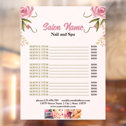 Prijzenlijst menu van nagelsalon Pink Floral Beaut Raamsticker (Vel 2)