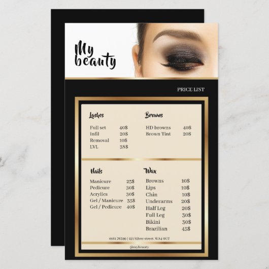 Prijzenlijst Schoonheidssalon Zwarte & Gouden Lijs (Voorkant / Achterkant)