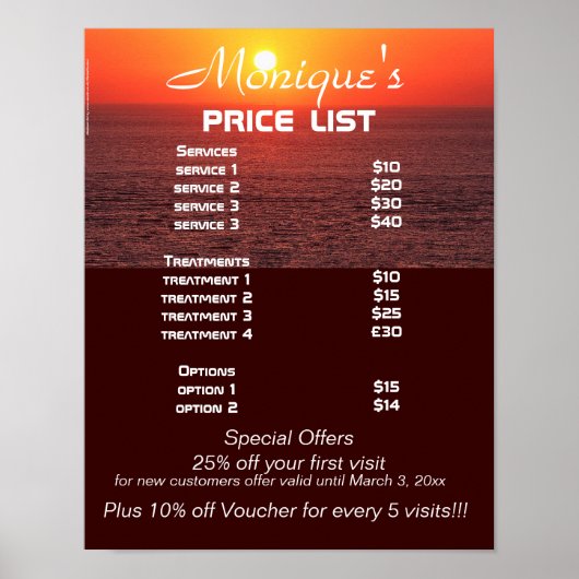 Prijzenlijst Sunrise spa en salon Poster (Voorkant)