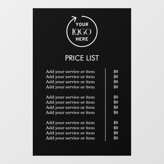 Prijzenlijst | Zwart Logo Zakelijk Professioneel Raamsticker (Vel)