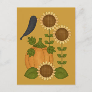 Prim Autumn Crow Pumpkin en Sunflower Briefkaart