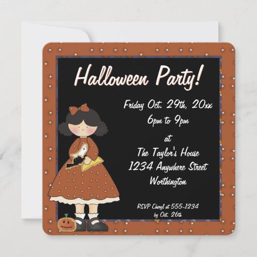 Prim Halloween Kind Party Invitation Girl 2 Kaart (Voorkant)