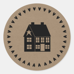Prim House en Hearts Brown Craft Paper Style Ronde Sticker