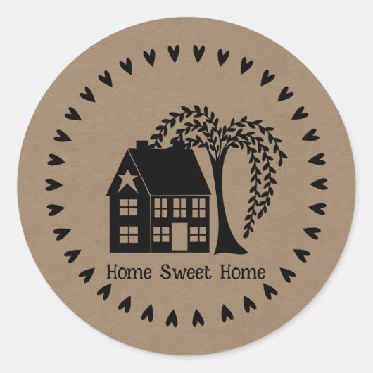 Prim House Hearts and Tree Home Sweet Home Ronde Sticker (Voorkant)