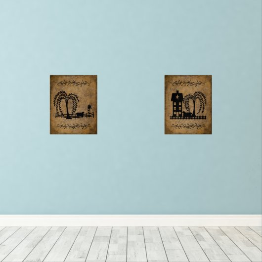 Prim Saltbox House Wilgen Bomen en schapen Muurkunst Sets (Houten vloer)