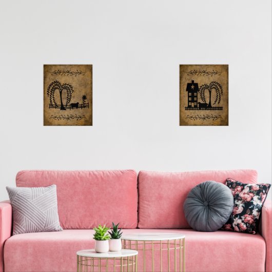 Prim Saltbox House Wilgen Bomen en schapen Muurkunst Sets (Woonkamer)