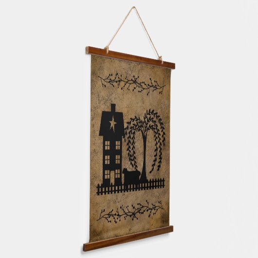 Prim Saltbox House Willow Tree Sheep Hangend Wandkleed (Gebogen)