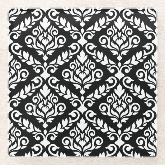 Prima Damask Pattern Wit op Zwart Glazen Onderzetter (Voorkant)