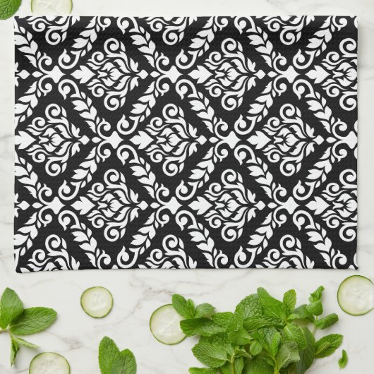 Prima Damask Pattern Wit op Zwart Theedoek (Gevouwen)