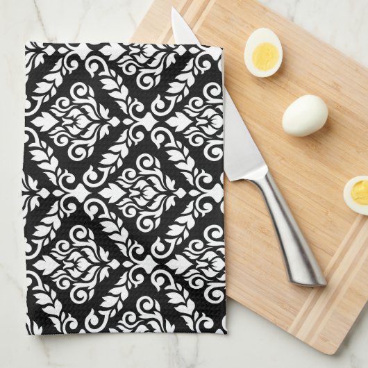 Prima Damask Pattern Wit op Zwart Theedoek (Quarter Fold)