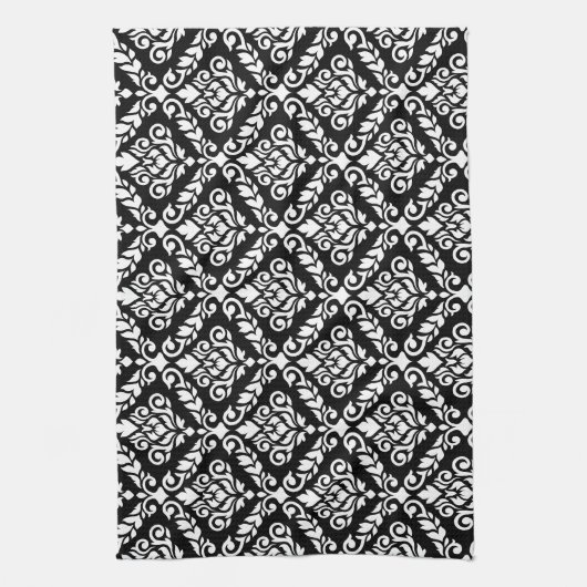 Prima Damask Pattern Wit op Zwart Theedoek (Verticaal)