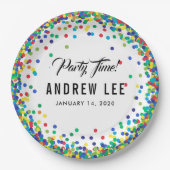 Primaire kleur confetti sprinkles verjaarfeest papieren bordje (Voorkant)