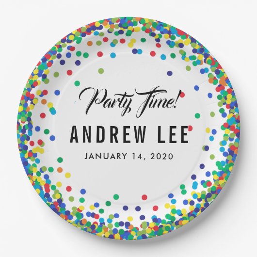 Primaire kleur confetti sprinkles verjaarfeest papieren bordje (Voorkant)