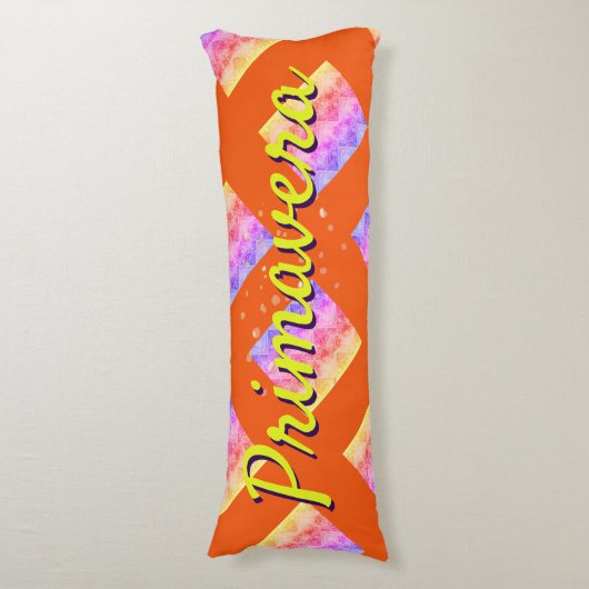 Primavera kleurig geel oranje roze patroon lichaamskussen (Voorkant Verticaal)