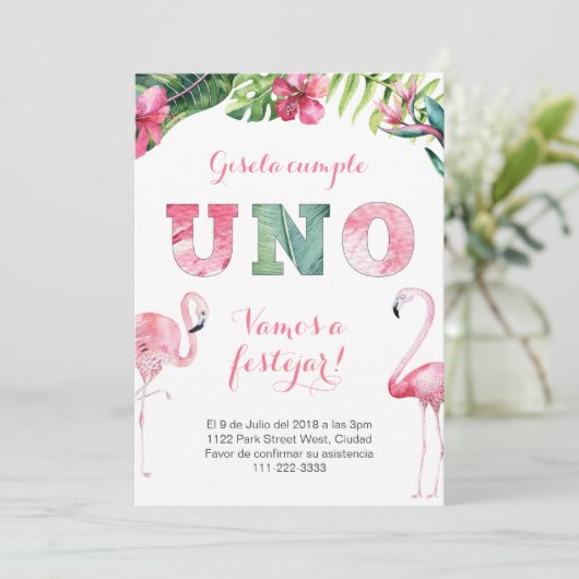 Primer Añito Flamenco | 1e verjaardag Flamingo Kaart (Staand voorkant)