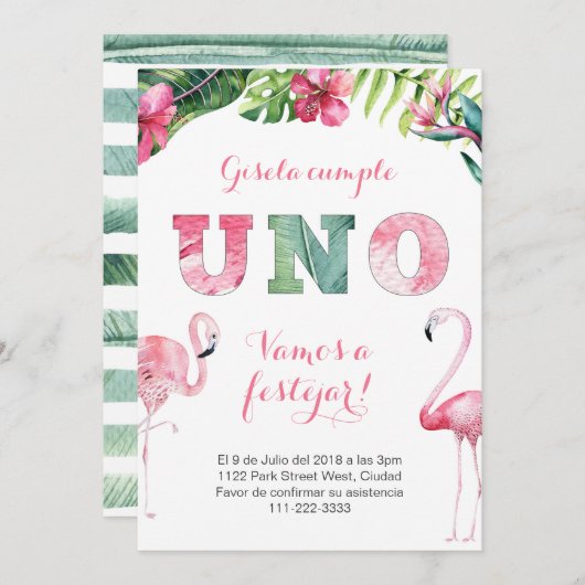 Primer Añito Flamenco | 1e verjaardag Flamingo Kaart (Voorkant / Achterkant)