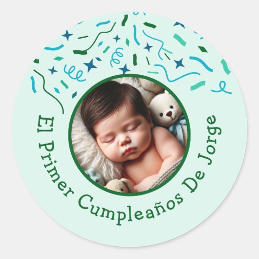 Primer Cumpleaños de Bebé Fiesta Infantil Con Foto Ronde Sticker (Voorkant)