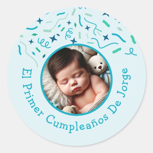 Primer Cumpleaños de Bebé Fiesta Infantil Con Foto Ronde Sticker (Voorkant)
