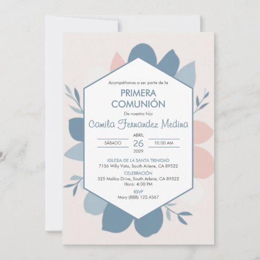 Primera Communie Blauw Verlaat Eerste Heilige Comm Kaart (Voorkant)