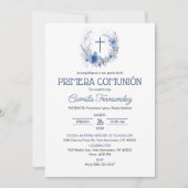 Primera Communie Blauwe Bloemen Eerste Heilige Com Kaart (Voorkant)