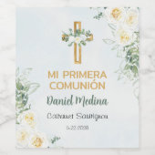 Primera Communie Kruis en bloemen eerste communie Wijn Etiket (Enkel label)