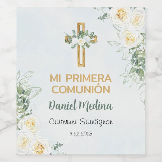 Primera Communie Kruis en bloemen eerste communie Wijn Etiket (Enkel label)