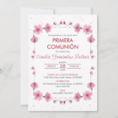 Primera Communie Roze Bloemen Eerste Communie Kaart (Voorkant)