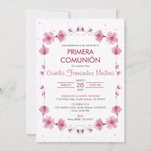 Primera Communie Roze Bloemen Eerste Communie Kaart (Voorkant)