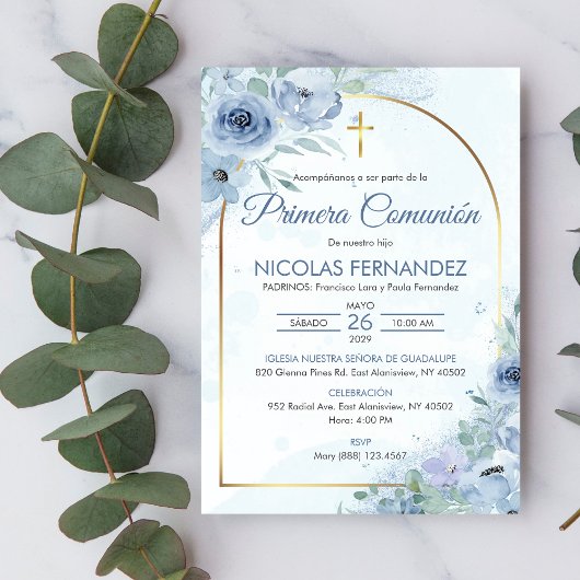 Primera Communie Schattige Blauwe Bloemen Eerste C Kaart