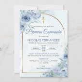 Primera Communie Schattige Blauwe Bloemen Eerste C Kaart (Voorkant)