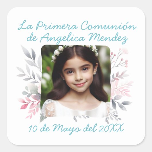 Primera Comunión con Foto van Flores Spaans Vierkante Sticker (Voorkant)