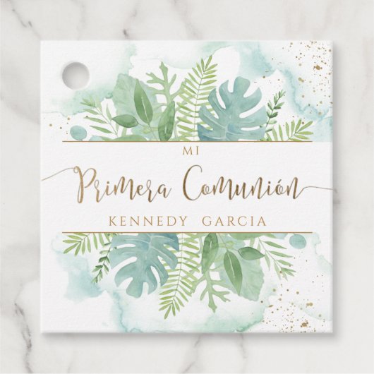 Primera Comunion Greenery & Blue Green Waterverf Bedankjes Labels (Voorkant)